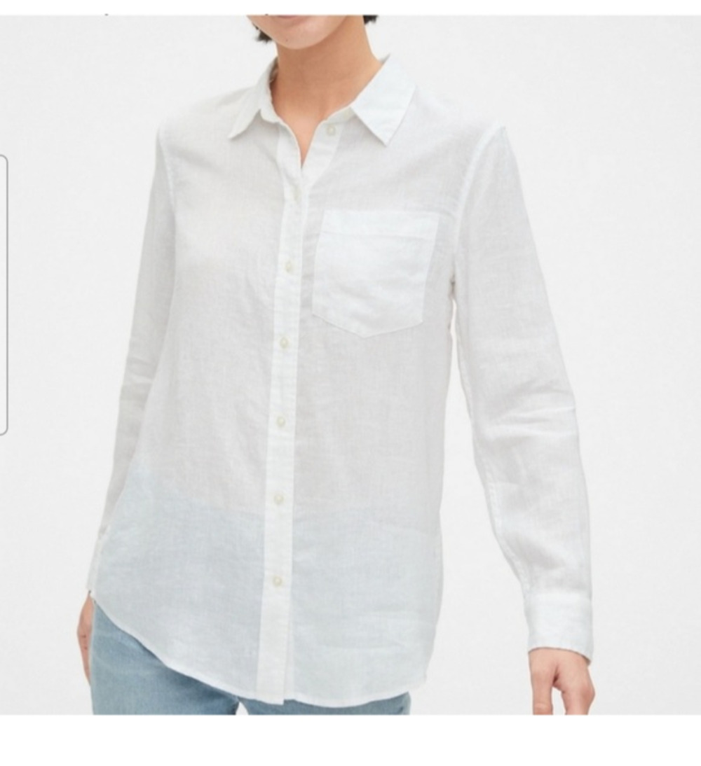 100% Linen GAP Women's size L White Boyfriend Fit LS Classic Button up Shirt EUC